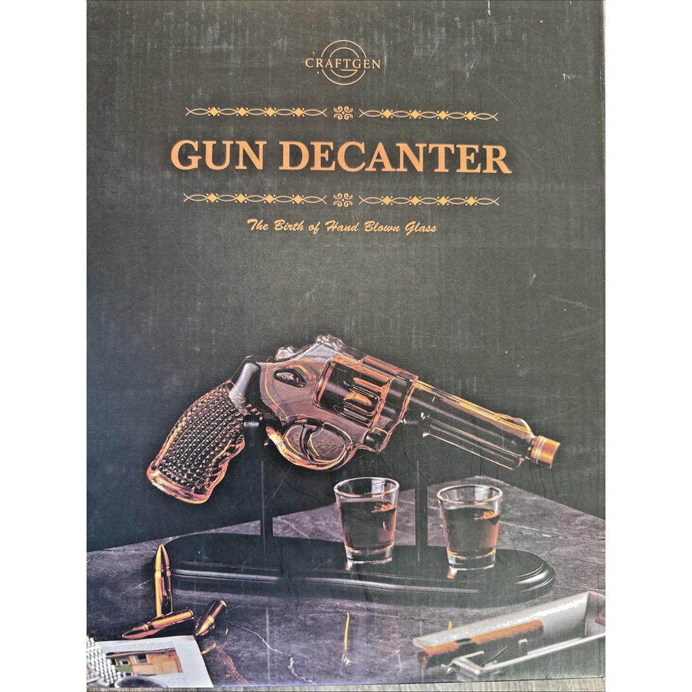 CRAFTGEN Revolver Gun Whiskey Decanter Set with 2 Glasses and Wooden Stand 300ml
